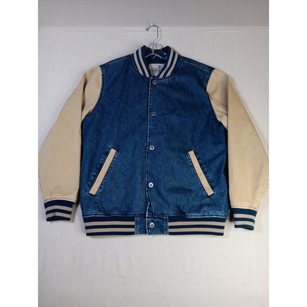 VTG Levi's Silvertab Varsity Bomber Jacket Medium Blue Beige Denim Canvas EUC